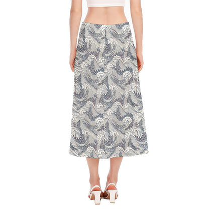 Chinese Sea Dragon Pattern Print Side Slit Midi Skirt