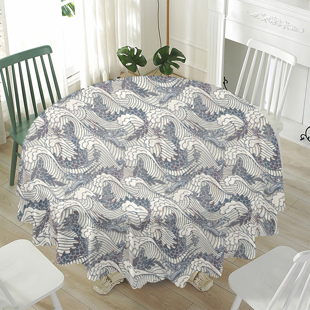 Chinese Sea Dragon Pattern Print Waterproof Round Tablecloth