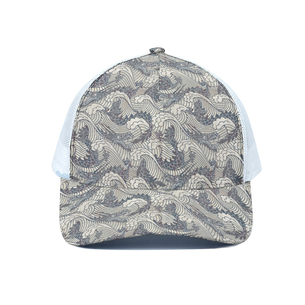 Chinese Sea Dragon Pattern Print White Mesh Trucker Cap