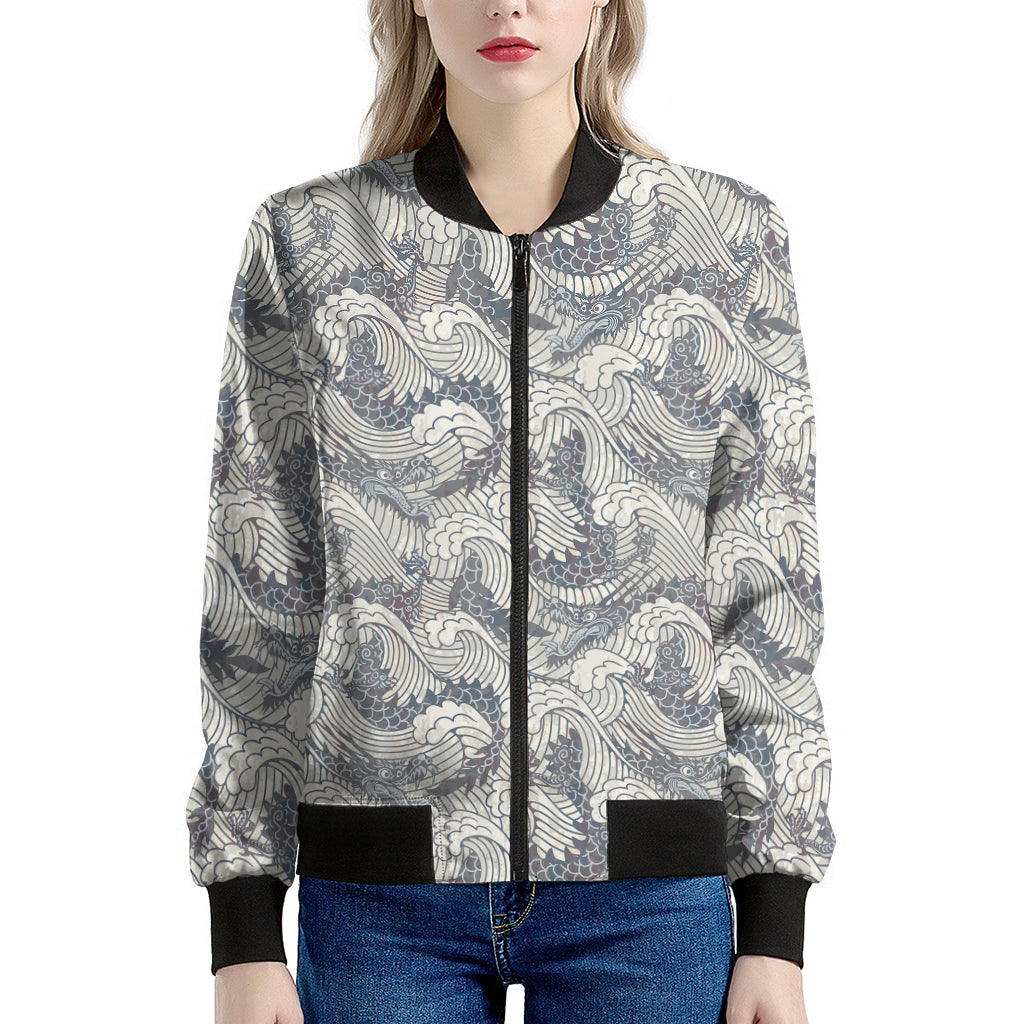 Chinese Sea Dragon Pattern Print Women's Bomber Jacket