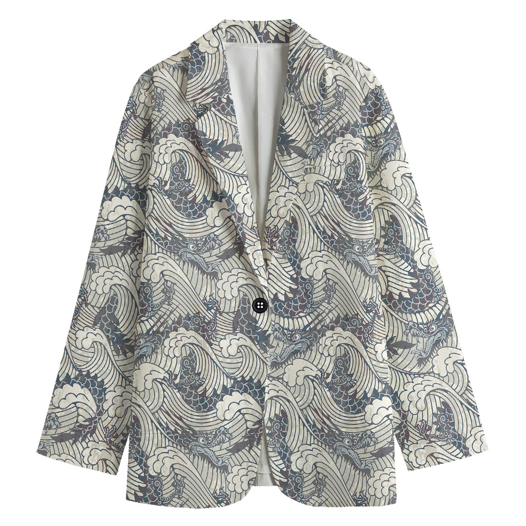 Chinese Sea Dragon Pattern Print Women's Cotton Blazer