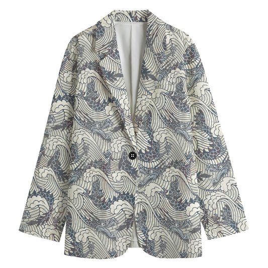 Chinese Sea Dragon Pattern Print Women's Cotton Blazer