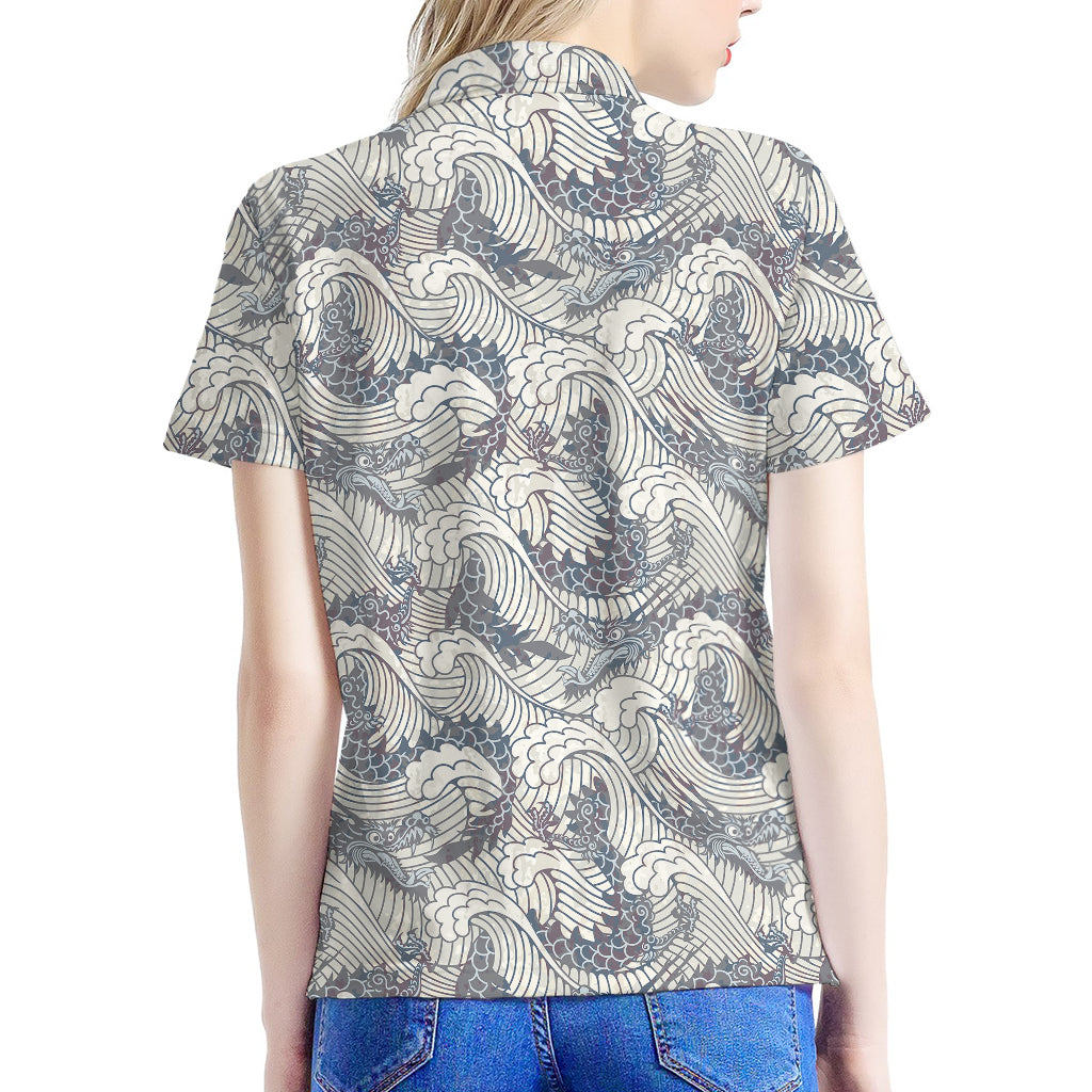 Chinese Sea Dragon Pattern Print Women's Polo Shirt