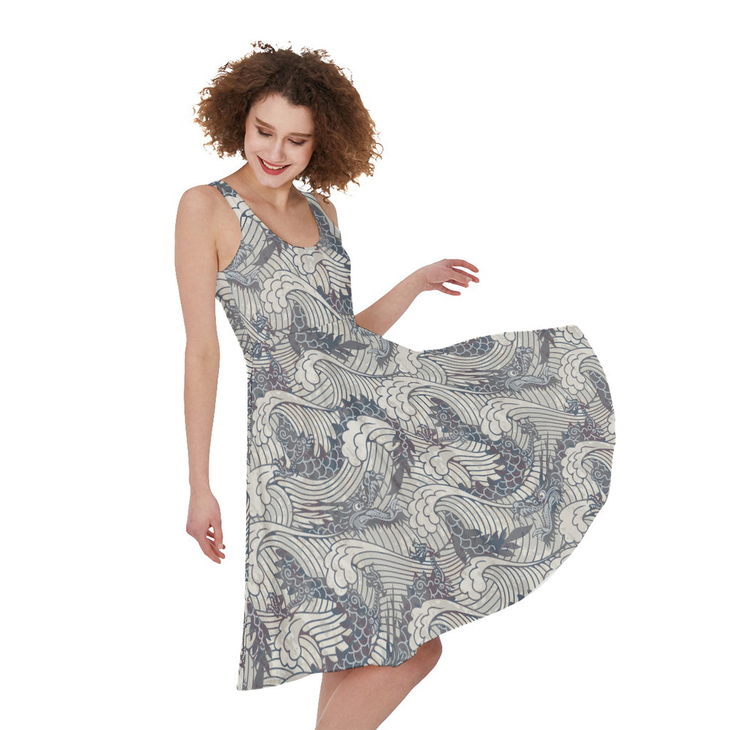 Chinese Sea Dragon Pattern Print Women's Sleeveless Dress
