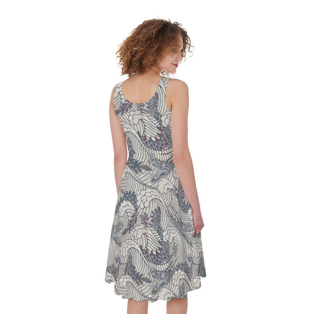 Chinese Sea Dragon Pattern Print Women's Sleeveless Dress