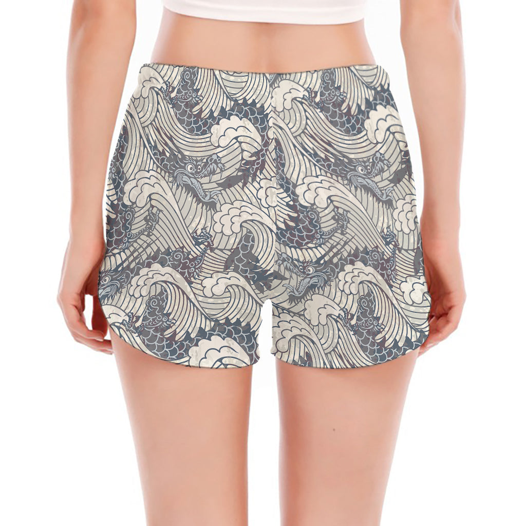 Chinese Sea Dragon Pattern Print Women's Split Running Shorts
