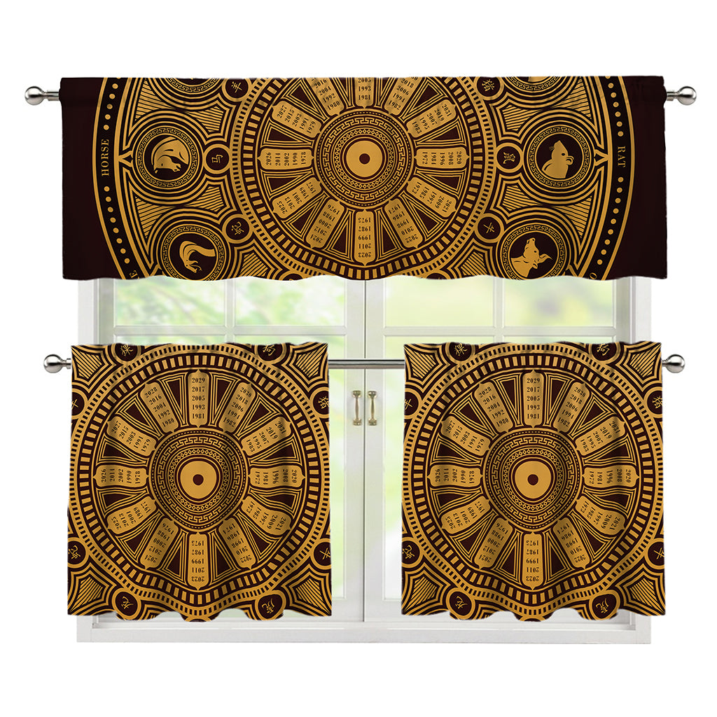 Chinese Zodiac Calendar Signs Print 3 Piece Kitchen Curtains