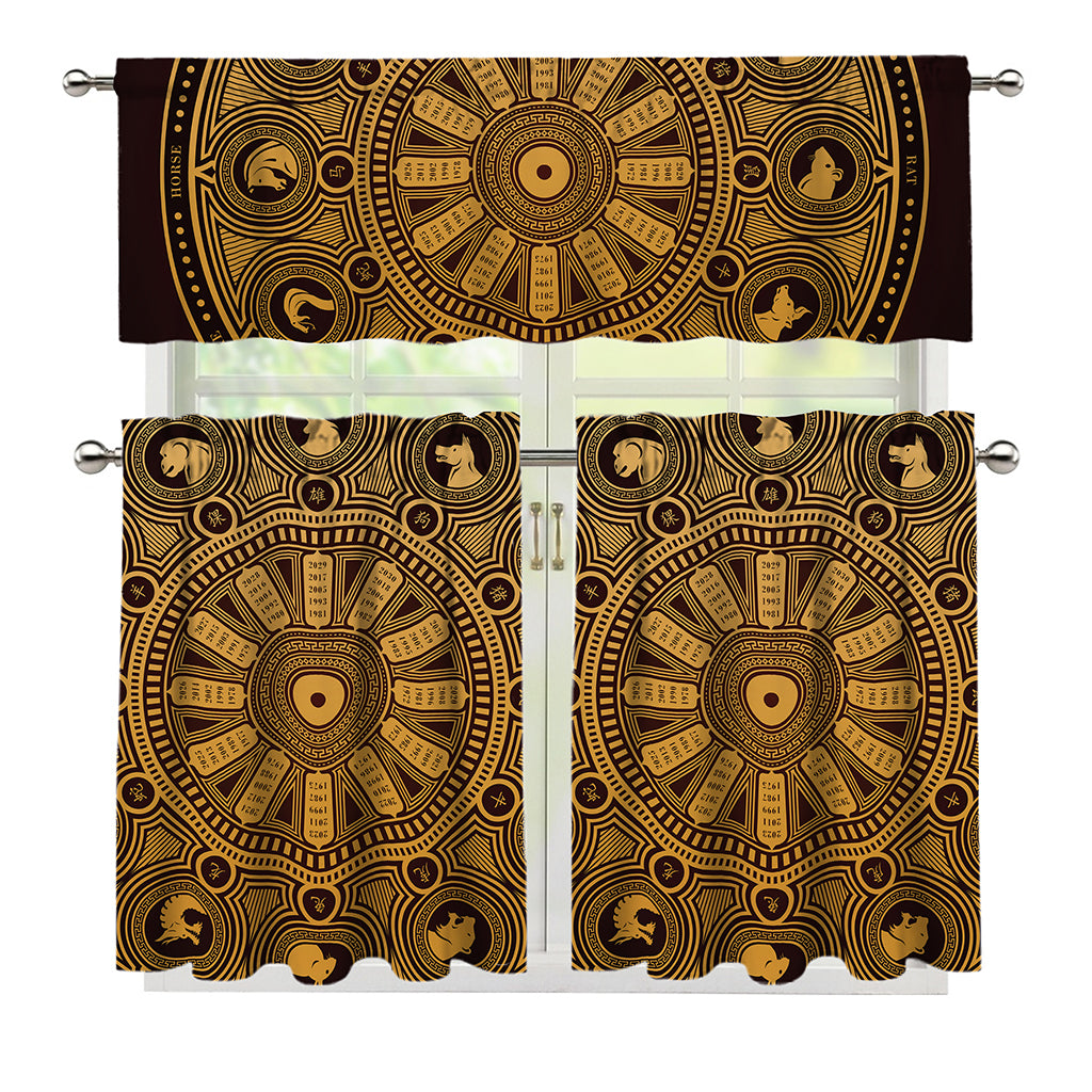 Chinese Zodiac Calendar Signs Print 3 Piece Kitchen Curtains