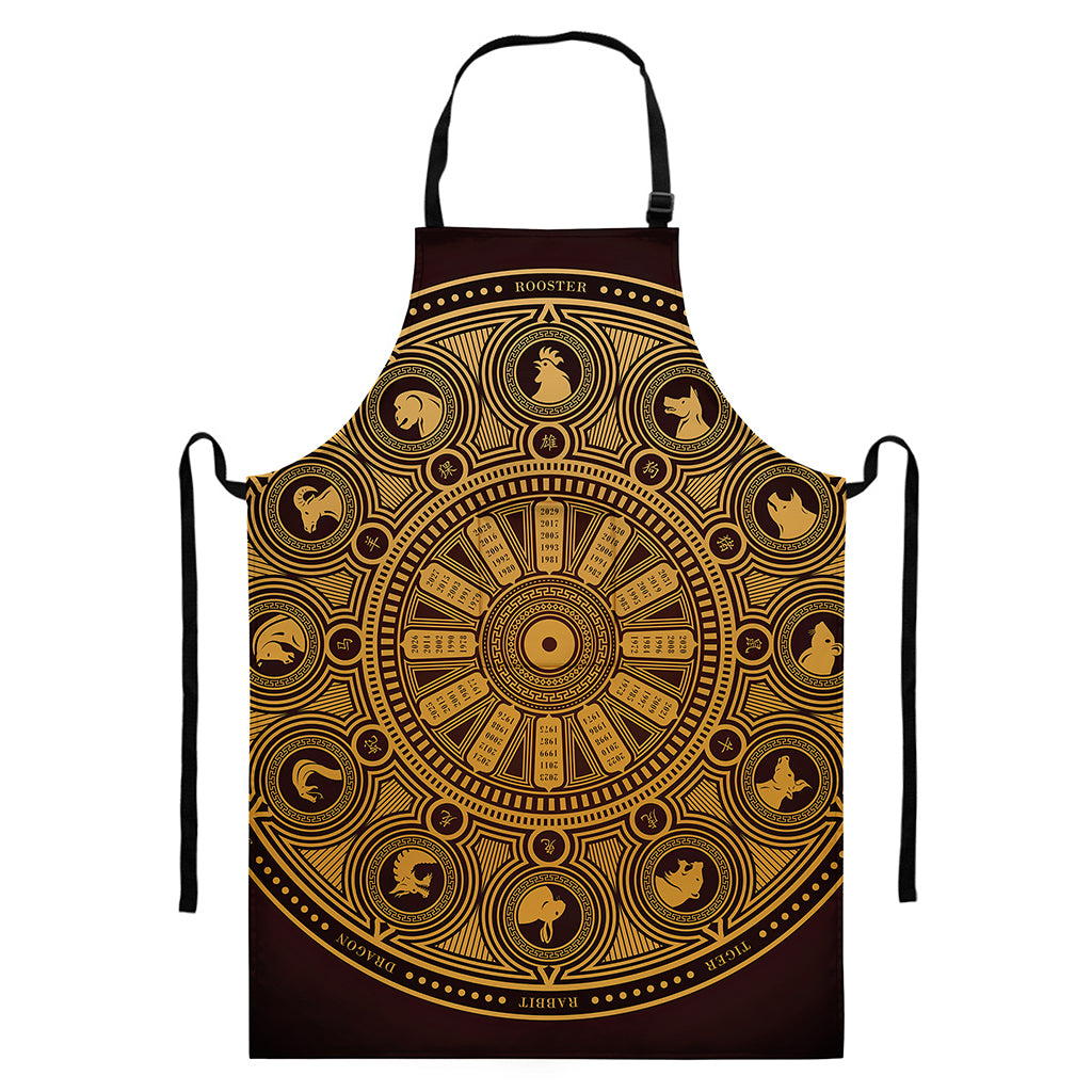 Chinese Zodiac Calendar Signs Print Bib Apron With Pocket