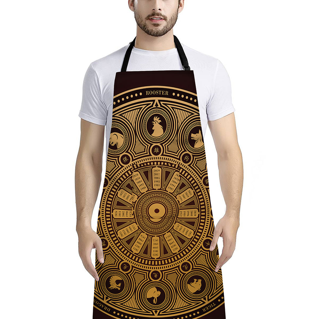Chinese Zodiac Calendar Signs Print Bib Apron With Pocket