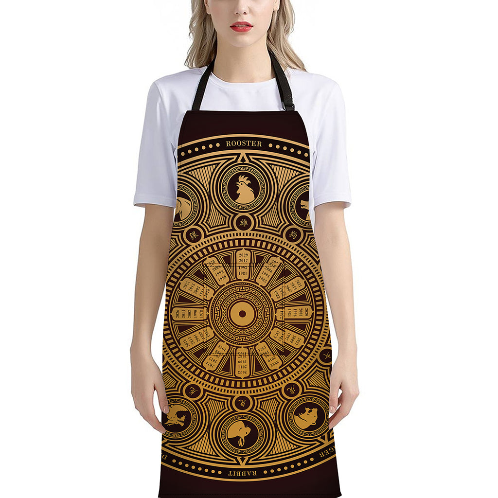 Chinese Zodiac Calendar Signs Print Bib Apron With Pocket