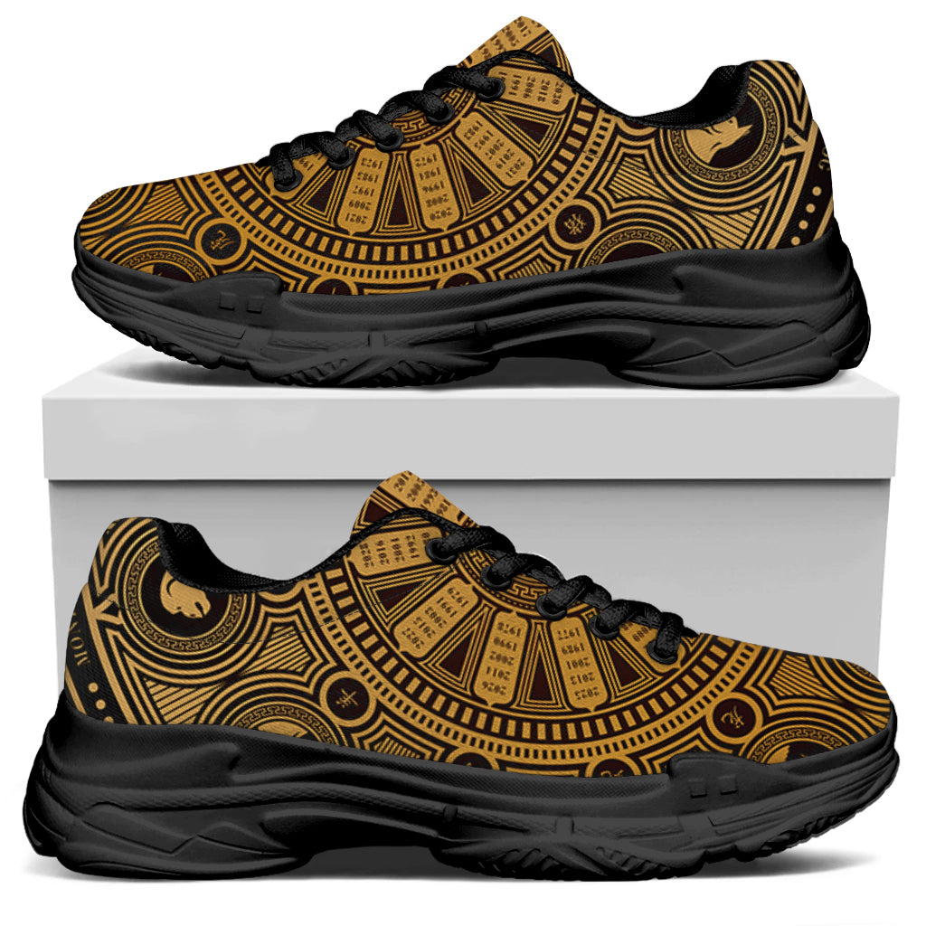 Chinese Zodiac Calendar Signs Print Black Chunky Shoes