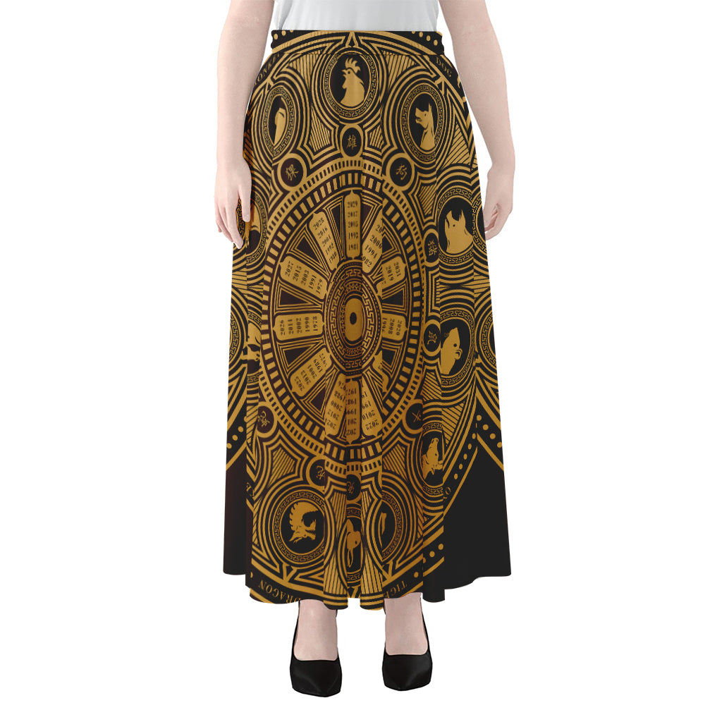 Chinese Zodiac Calendar Signs Print Chiffon Maxi Skirt