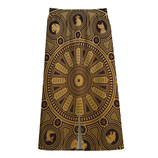 Chinese Zodiac Calendar Signs Print Cotton Front Slit Maxi Skirt