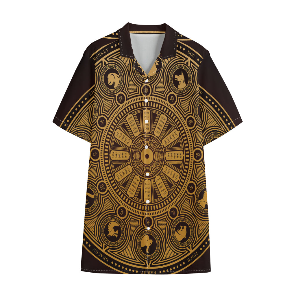 Chinese Zodiac Calendar Signs Print Cotton Hawaiian Shirt