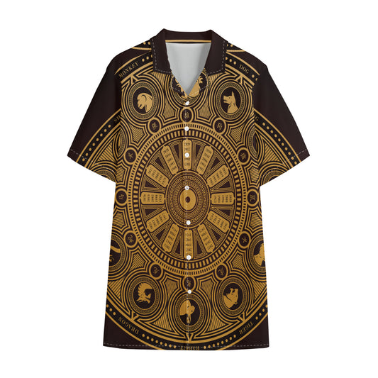Chinese Zodiac Calendar Signs Print Cotton Hawaiian Shirt
