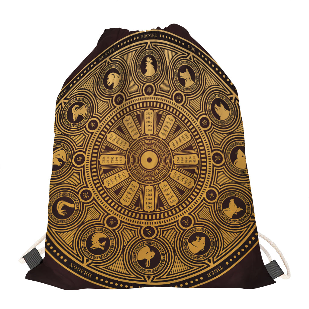 Chinese Zodiac Calendar Signs Print Drawstring Bag