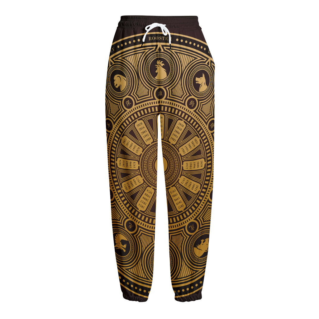 Chinese Zodiac Calendar Signs Print Fleece Lined Knit Pants