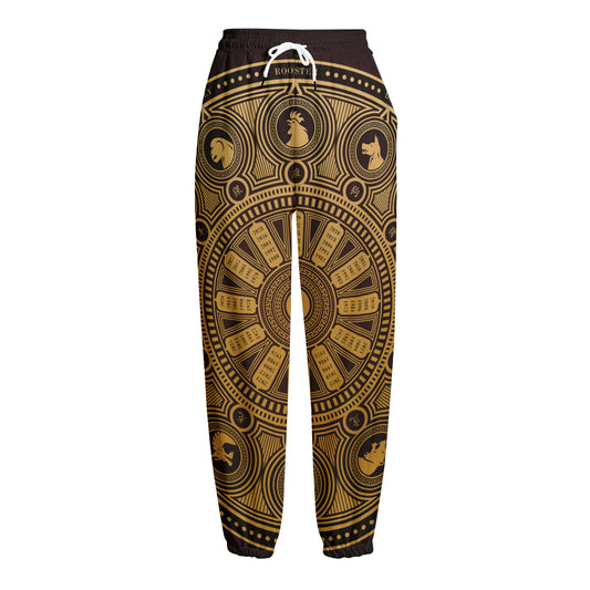 Chinese Zodiac Calendar Signs Print Fleece Lined Knit Pants