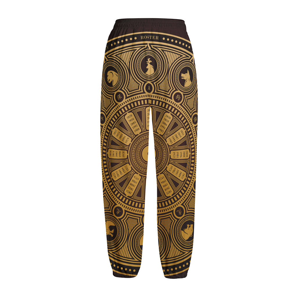 Chinese Zodiac Calendar Signs Print Fleece Lined Knit Pants
