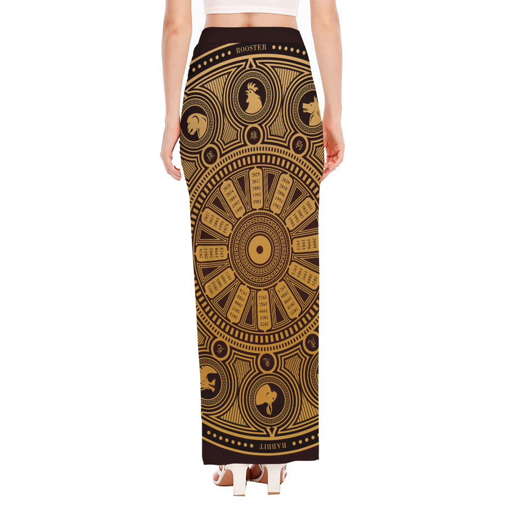 Chinese Zodiac Calendar Signs Print High Slit Maxi Skirt