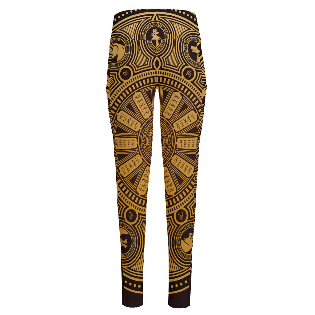 Chinese Zodiac Calendar Signs Print High-Waisted Pocket Leggings