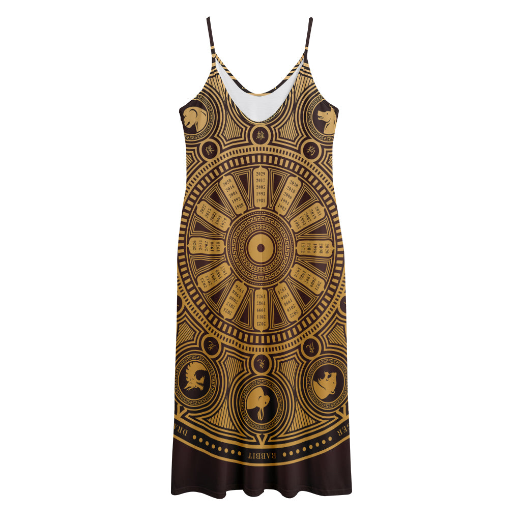 Chinese Zodiac Calendar Signs Print Jersey Midi Cami Dress