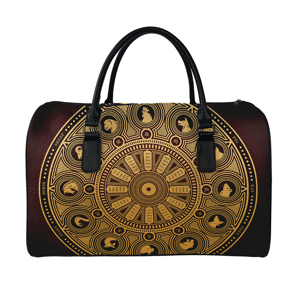 Chinese Zodiac Calendar Signs Print Leather Duffle Bag