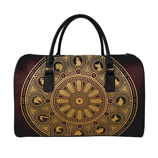 Chinese Zodiac Calendar Signs Print Leather Duffle Bag