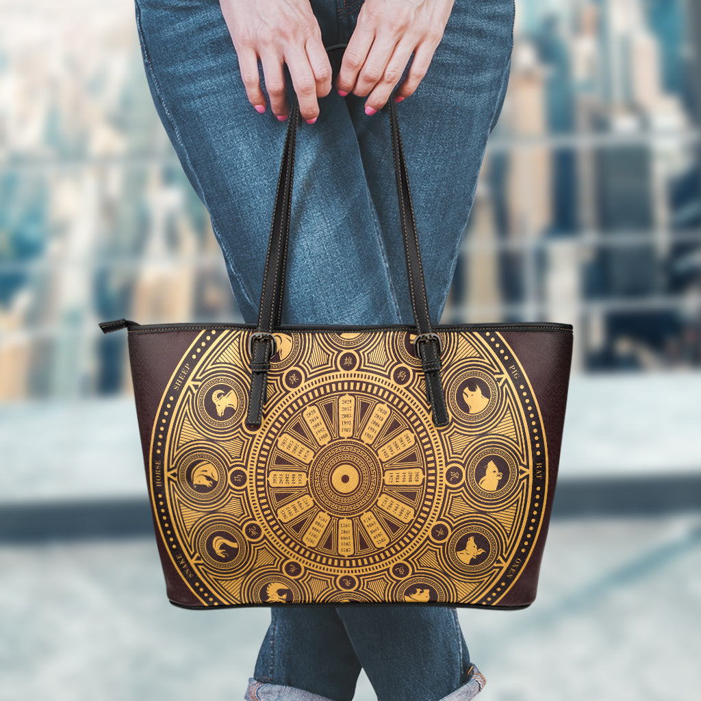 Chinese Zodiac Calendar Signs Print Leather Tote Bag