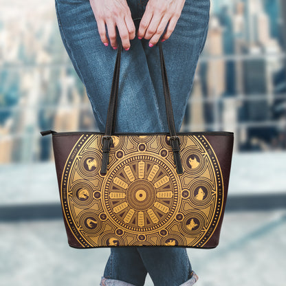 Chinese Zodiac Calendar Signs Print Leather Tote Bag