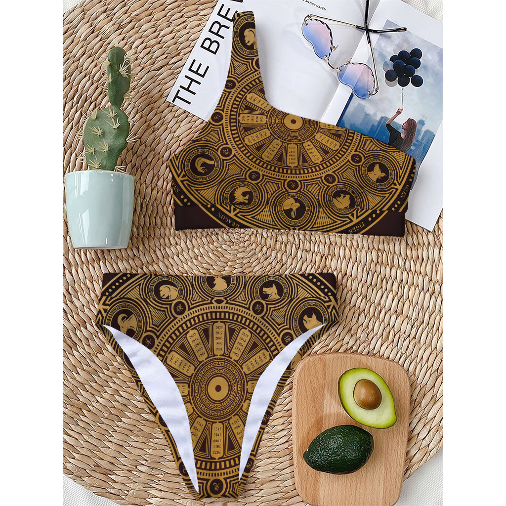 Chinese Zodiac Calendar Signs Print One Shoulder Bikini Top