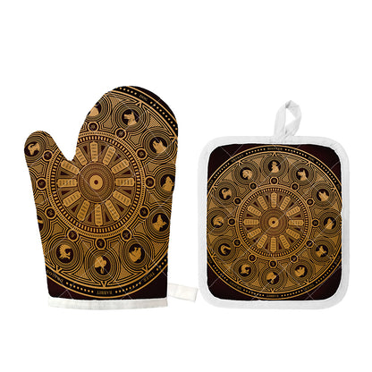 Chinese Zodiac Calendar Signs Print Oven Mitt And Pot Holder Set
