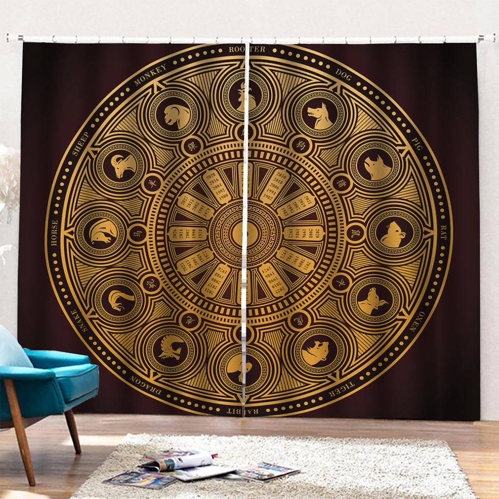 Chinese Zodiac Calendar Signs Print Pencil Pleat Curtains