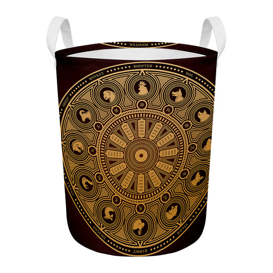 Chinese Zodiac Calendar Signs Print Round Laundry Basket