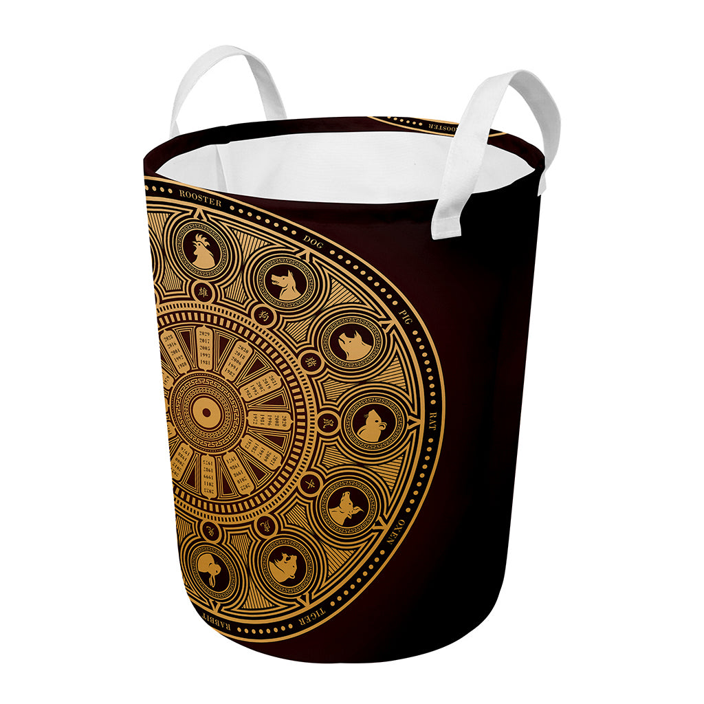 Chinese Zodiac Calendar Signs Print Round Laundry Basket