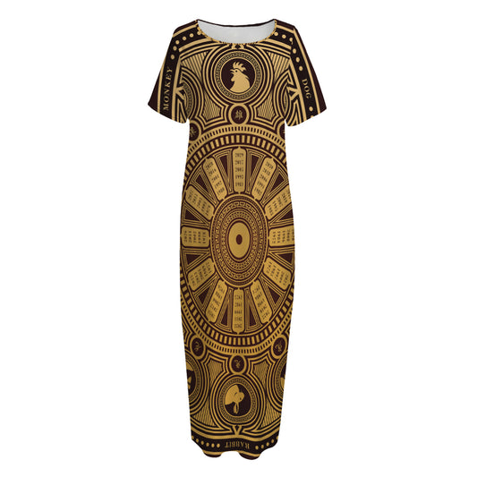 Chinese Zodiac Calendar Signs Print Short Sleeve Long Nightdress