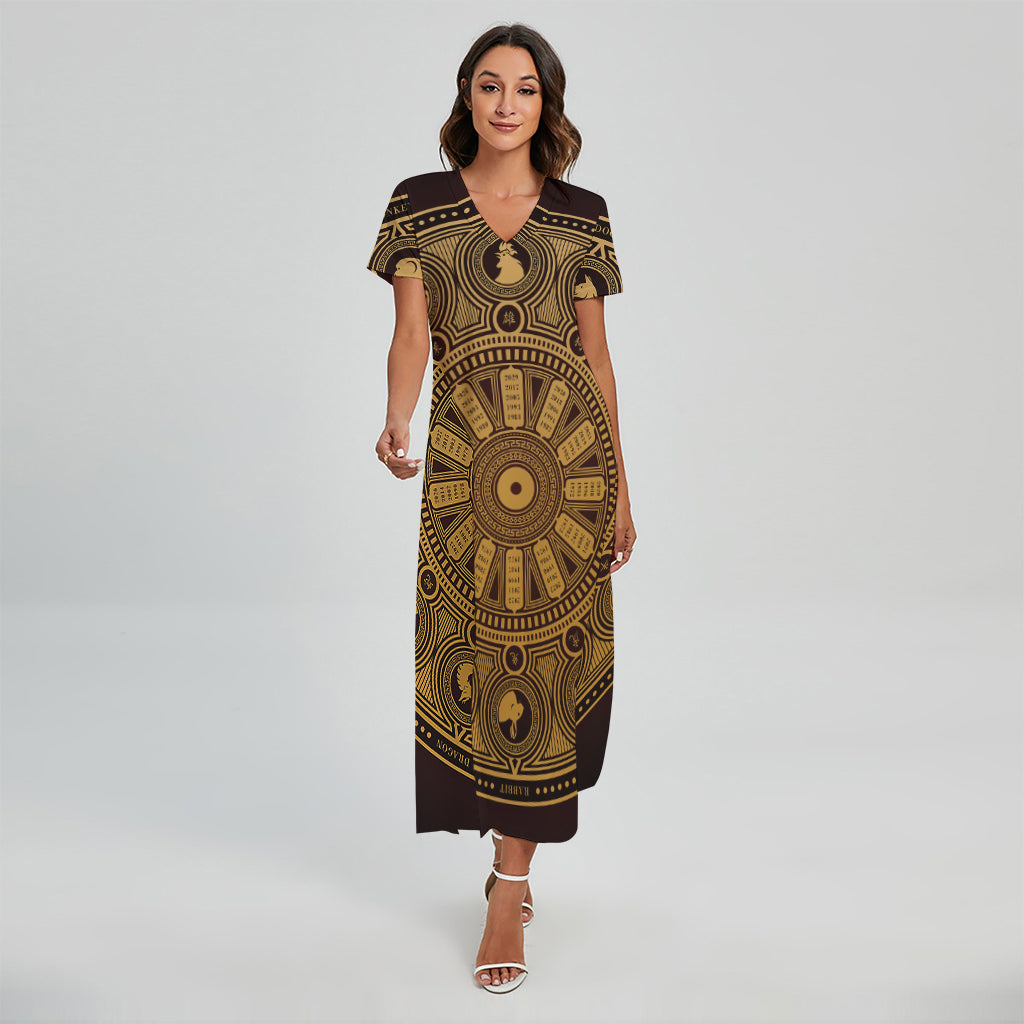Chinese Zodiac Calendar Signs Print Short Sleeve Maxi Dress