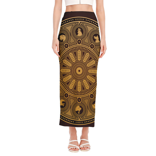 Chinese Zodiac Calendar Signs Print Side Slit Maxi Skirt