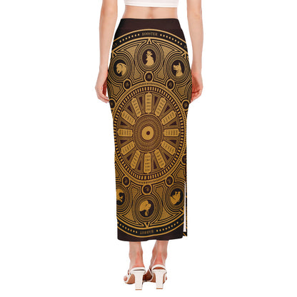 Chinese Zodiac Calendar Signs Print Side Slit Maxi Skirt