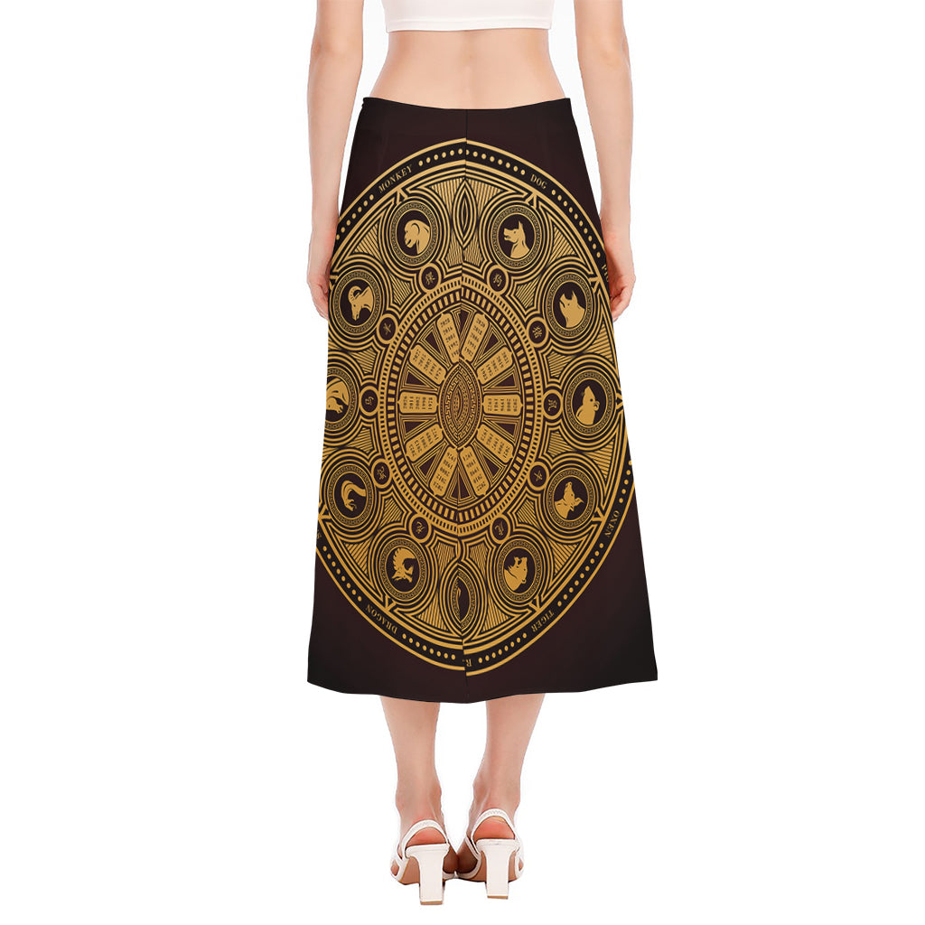 Chinese Zodiac Calendar Signs Print Side Slit Midi Skirt