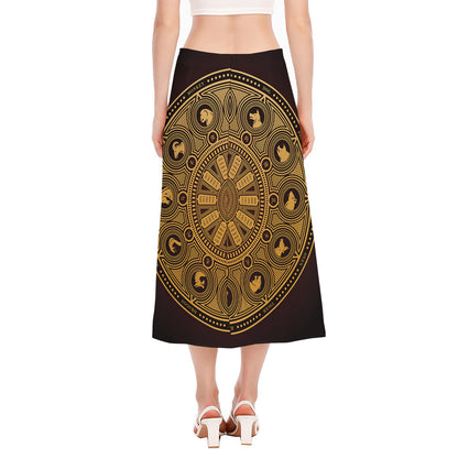 Chinese Zodiac Calendar Signs Print Side Slit Midi Skirt