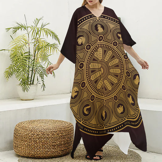 Chinese Zodiac Calendar Signs Print Silk V-Neck Kaftan Dress