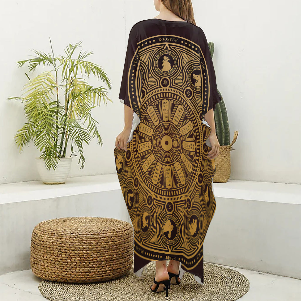 Chinese Zodiac Calendar Signs Print Silk V-Neck Kaftan Dress