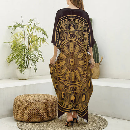 Chinese Zodiac Calendar Signs Print Silk V-Neck Kaftan Dress