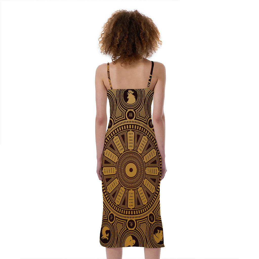 Chinese Zodiac Calendar Signs Print Slim Fit Midi Cami Dress