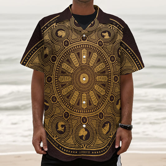 Chinese Zodiac Calendar Signs Print Textured Short Sleeve Shirt