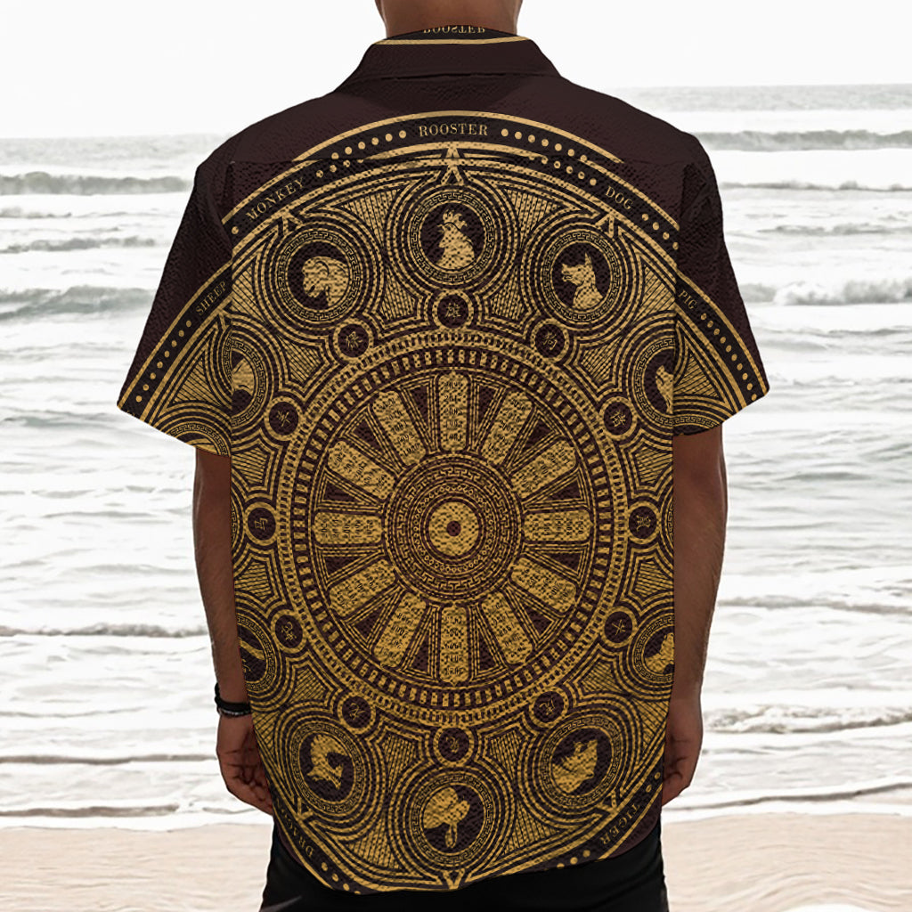 Chinese Zodiac Calendar Signs Print Textured Short Sleeve Shirt