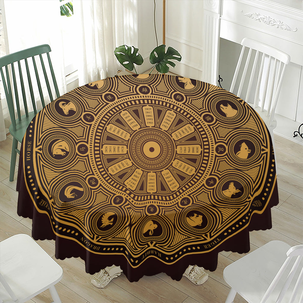 Chinese Zodiac Calendar Signs Print Waterproof Round Tablecloth