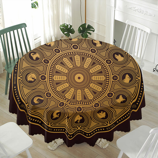 Chinese Zodiac Calendar Signs Print Waterproof Round Tablecloth